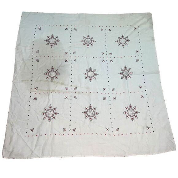 Antique Arts & Crafts Handmade Crewel Embroidered Flax Linen Tablecloth 55”x55” - Picture 1 of 8